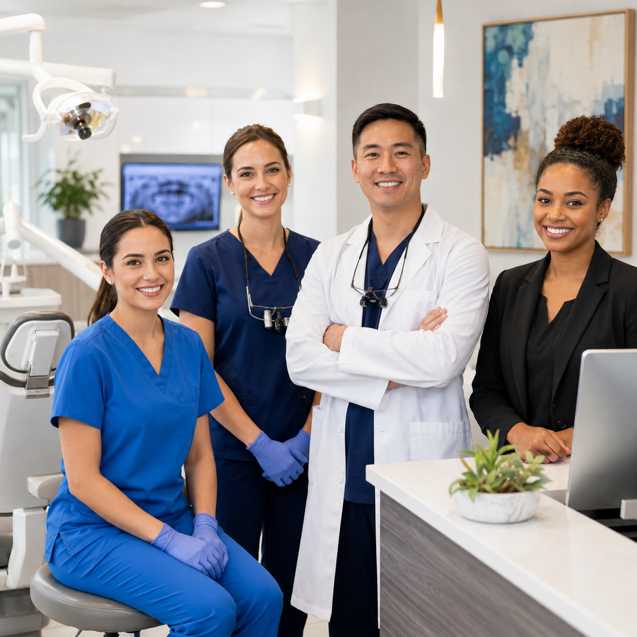 Dental professionals smiling in clinic
